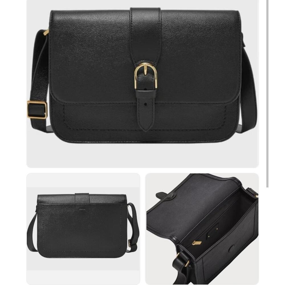 Fossil Zoey Black Pebbled Leather Small Crossbody Bag Gold-Tone Buckle NWT